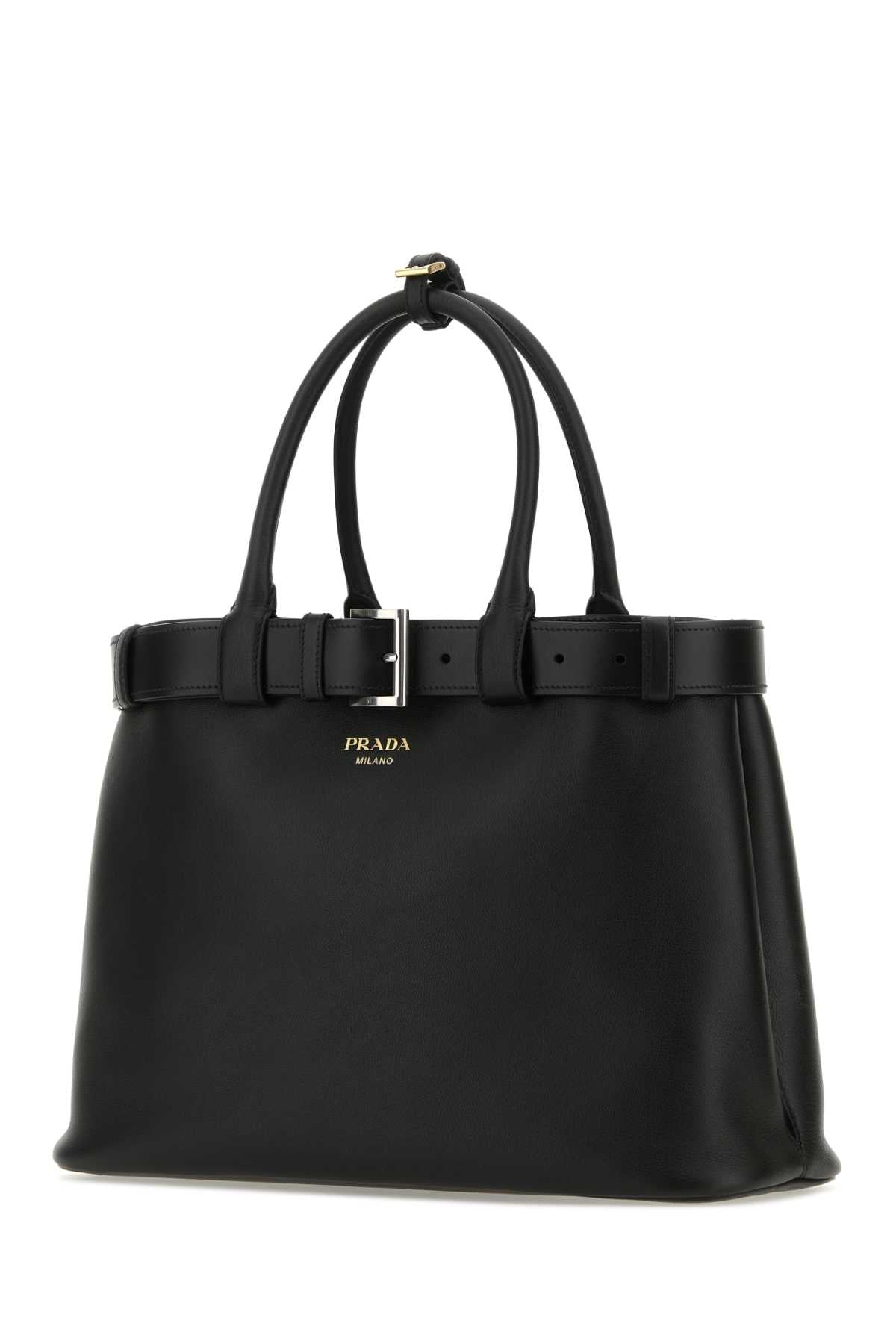 Prada Women Black Leather Prada Buckle Large Handbag