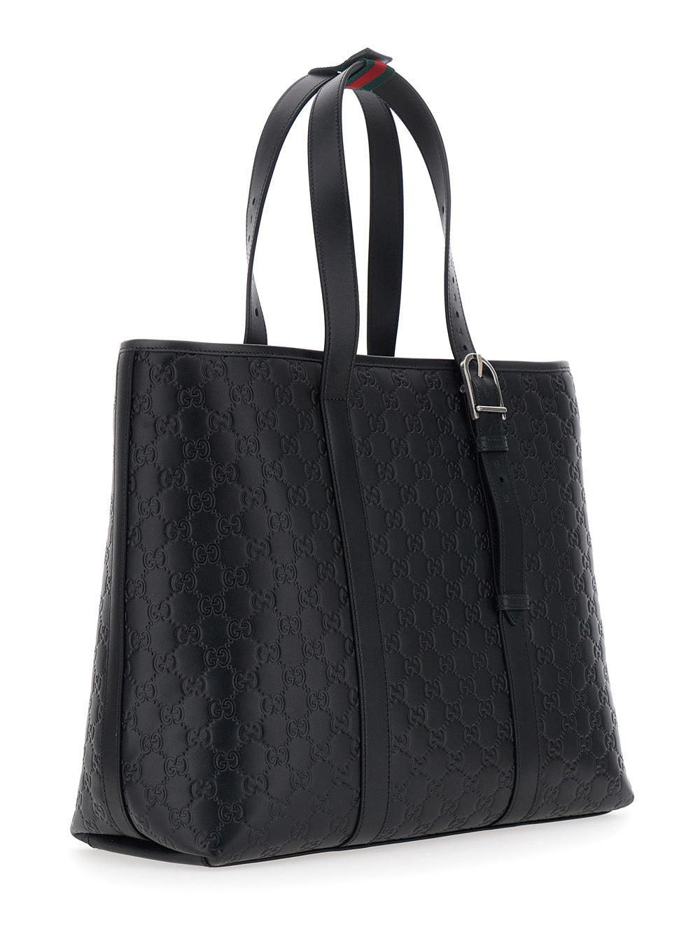 Gucci Men 'Emblem' Black Tote Bag With All-Over Embossed Gg Motif In Leather Man