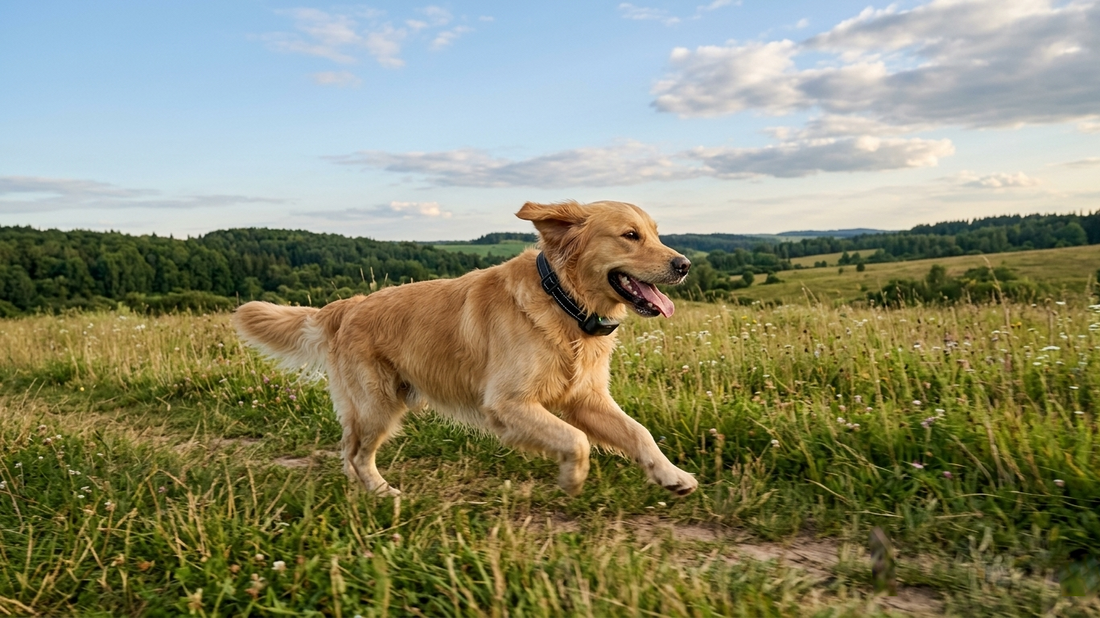 A cinematic, high-resolution photo of a dog running freely in a wide-open, fence-free backyard at sunset, wearing a clean and seamless GPS collar that reinforces property boundaries without physical barriers."