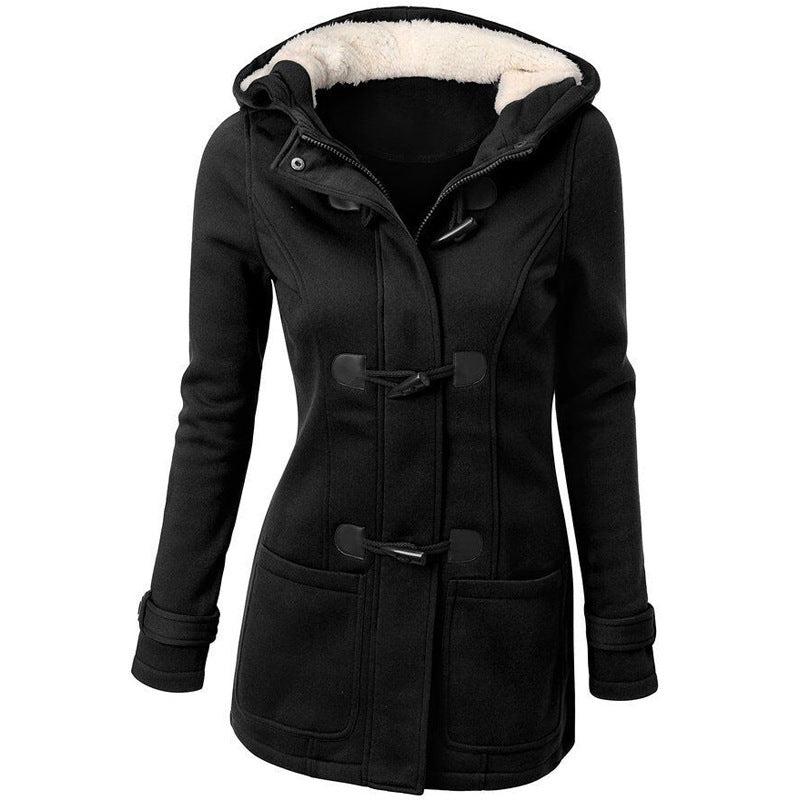 Warm winter fur collar jackets women horn button Long down coat parka Plus Size female parka hoodies Women Black