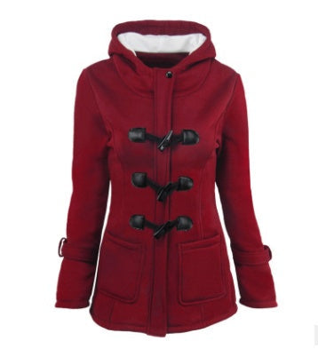 Warm winter fur collar jackets women horn button Long down coat parka Plus Size female parka hoodies Women Jujube red