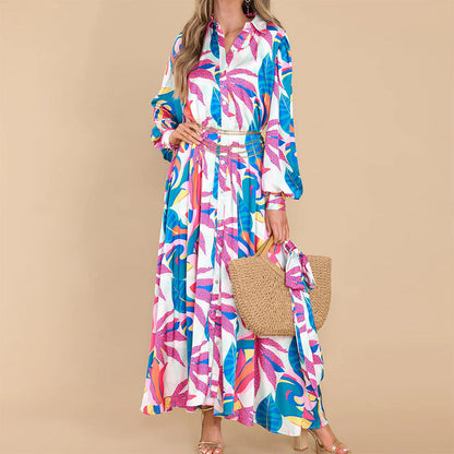 Printed Dresses Long-sleeved Polo Collar Oversized Hem Dresses Women