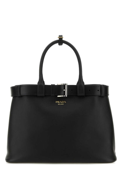Prada Women Black Leather Prada Buckle Large Handbag