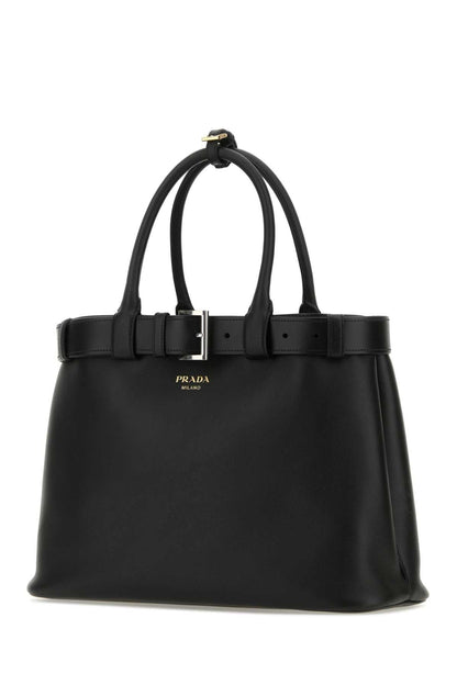 Prada Women Black Leather Prada Buckle Large Handbag