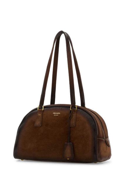 Prada Women Brown Suede Medium Prada Bowling Shoulder Bag