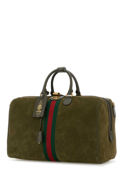 Gucci Men Olive Green Suede Medium Gucci Savoy Travel Bag