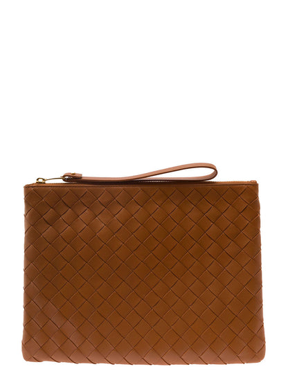 Bottega Veneta Women Brown Pouch With Wrist Strap In Intreccio Leather Woman