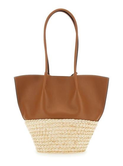 Tod's Women 'Bux' Brown Shopper With Logo Imprinted On The Front And Metal Logo Charm In Leather And Straw Woman