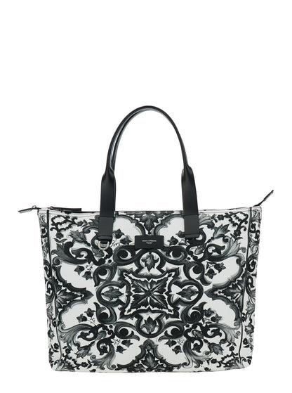Dolce & Gabbana Men Black Tote Bag With Top Zip Closure And All-Over Print In Tech Fabric Man