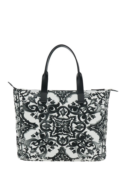 Dolce & Gabbana Men Black Tote Bag With Top Zip Closure And All-Over Print In Tech Fabric Man