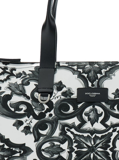 Dolce & Gabbana Men Black Tote Bag With Top Zip Closure And All-Over Print In Tech Fabric Man