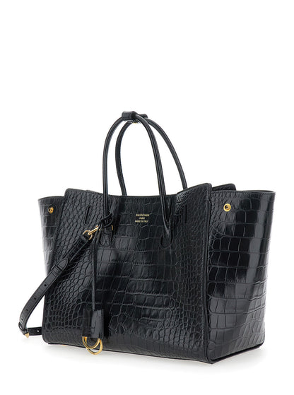 Balenciaga Women 'Hampton Small' Black Handbag With Embossed Logo On The Front And Removable Keyring In Leather Woman
