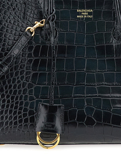 Balenciaga Women 'Hampton Small' Black Handbag With Embossed Logo On The Front And Removable Keyring In Leather Woman