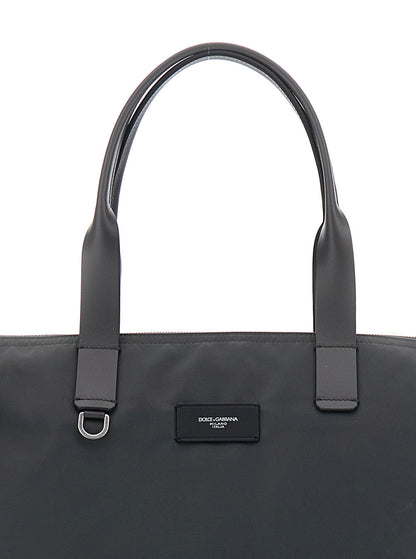Dolce & Gabbana Men Grey Tote Bag With Two Top Handles And Logo Plaque On The Front In Tech Fabric Man