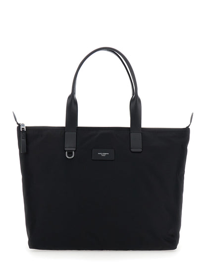 Dolce & Gabbana Men Black Tote Bag With Two Top Handles And Logo Plaque On The Front In Tech Fabric Man