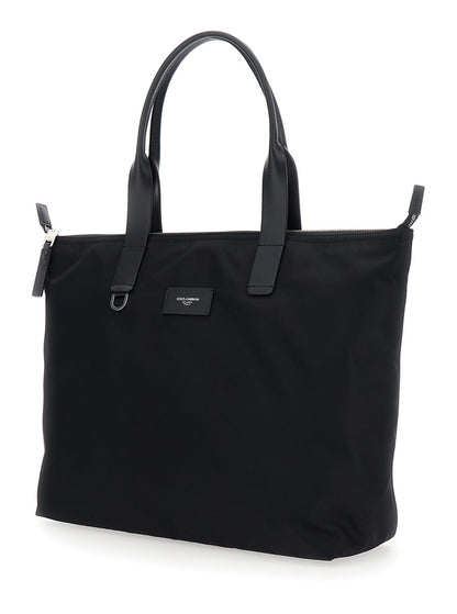 Dolce & Gabbana Men Black Tote Bag With Two Top Handles And Logo Plaque On The Front In Tech Fabric Man