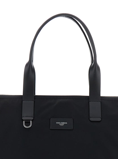Dolce & Gabbana Men Black Tote Bag With Two Top Handles And Logo Plaque On The Front In Tech Fabric Man