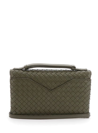 Bottega Veneta Women 'Knot Lock' Green Crossbody Bag With Intreccio Motif And Metal Knot Closure In Leather Woman