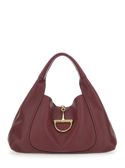 Gucci Women Bordeaux Shoulder Bag With Horsebit Closure In Grained Leather Woman