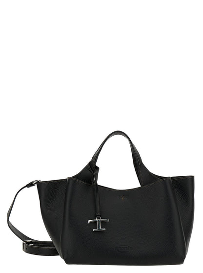 Tod's Women Black Handbag With Embossed Logo And T Timeless Charm In Grainy Leather Woman