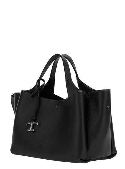 Tod's Women Black Handbag With Embossed Logo And T Timeless Charm In Grainy Leather Woman