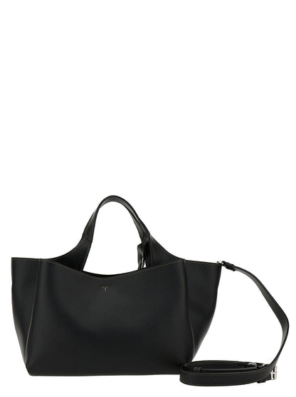 Tod's Women Black Handbag With Embossed Logo And T Timeless Charm In Grainy Leather Woman