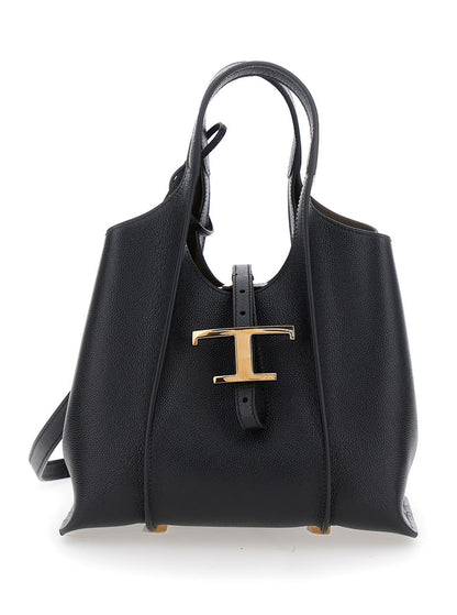Tod's Women Black Tote Bag With Two Top Handles And Logo Plaque On The Front In Grained Leather Woman