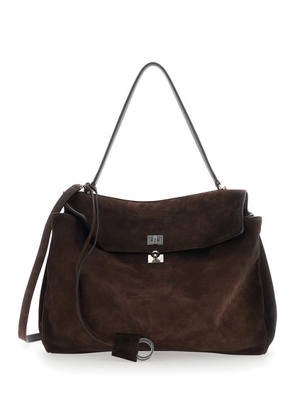 Balenciaga Men 'Rodeo' Brown Large Shoulder Bag With Removable Shoulder Strap In Suede Man