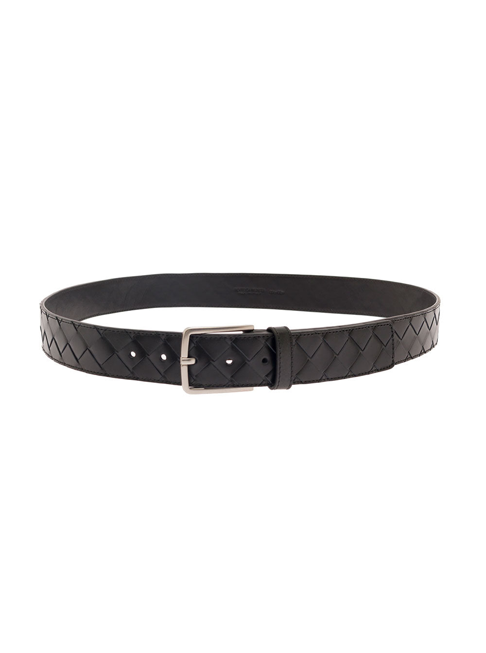 Bottega Veneta Men Black Belt With Silver-Colored Buckle In Intreccio Leather Man