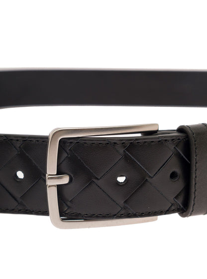 Bottega Veneta Men Black Belt With Silver-Colored Buckle In Intreccio Leather Man