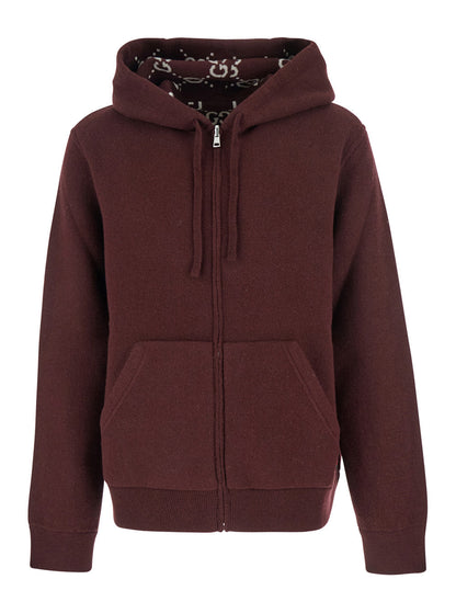 Gucci Men Bordeaux Reversible Cardigan With Drawstring Hood In Wool Man