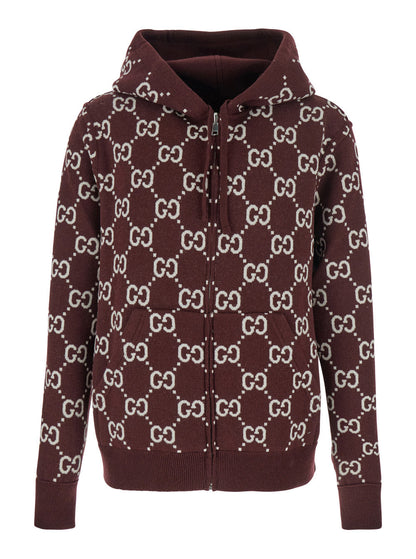 Gucci Men Bordeaux Reversible Cardigan With Drawstring Hood In Wool Man