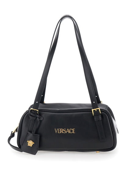 Versace Women 'Tag Bowling' Black Shoulder Bag With Metallic Logo Lettering And Medusa Head Pendant In Leather Woman