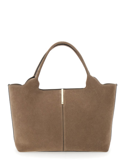 Tod's Women 'Ebr' Beige Tote Bag With Logo Plaque On The Front And Contrasting Stitching In Suede Woman
