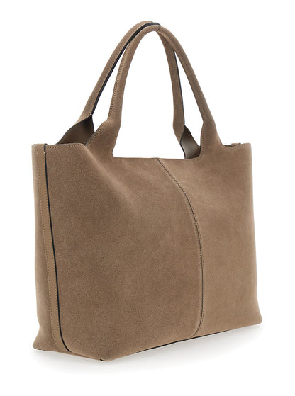 Tod's Women 'Ebr' Beige Tote Bag With Logo Plaque On The Front And Contrasting Stitching In Suede Woman