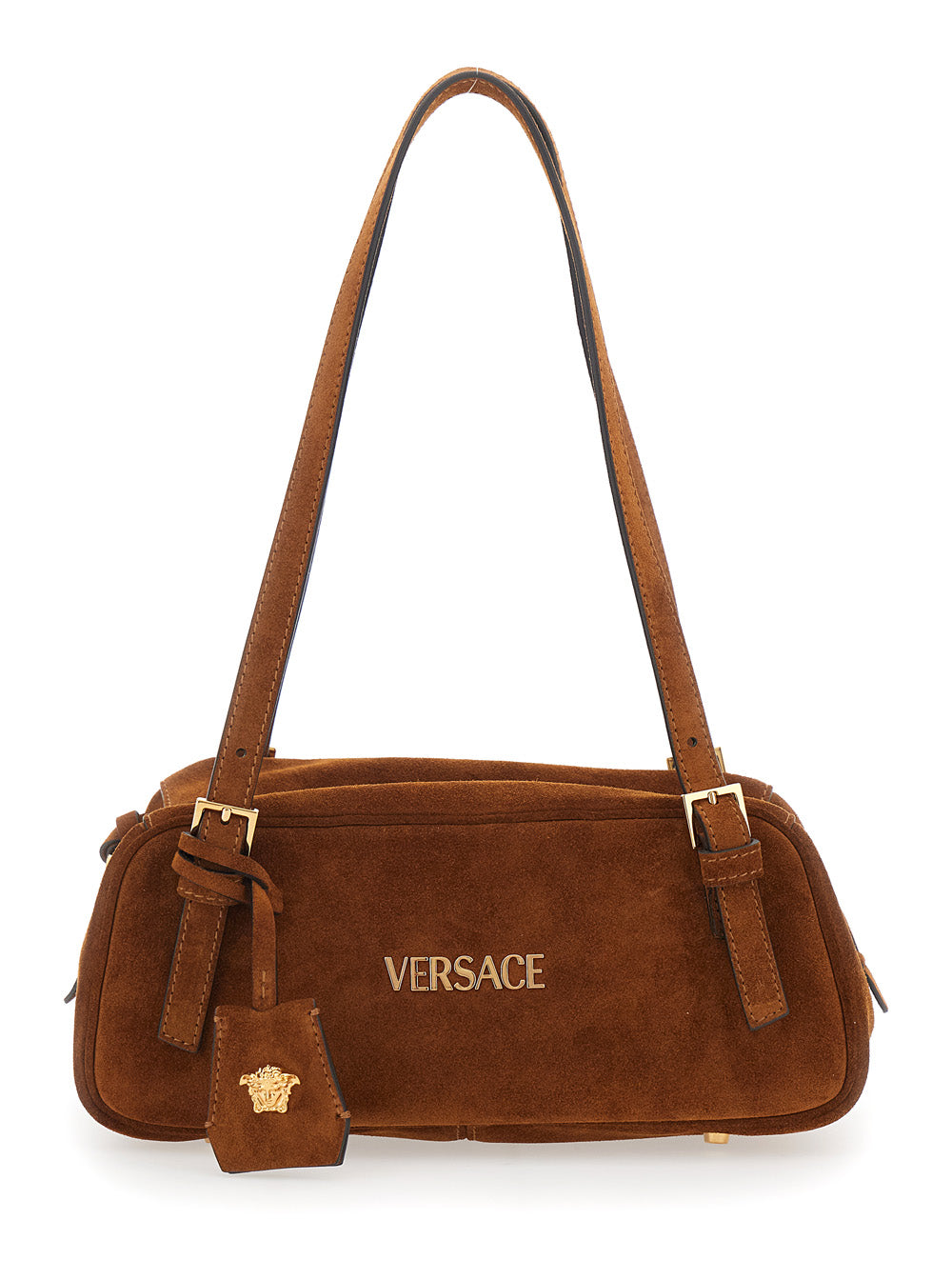 Versace Women 'Tag Bowling' Brown Shoulder Bag With Metallic Logo Lettering And Medusa Head Pendant In Suede Woman