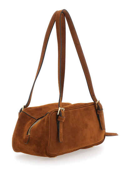 Versace Women 'Tag Bowling' Brown Shoulder Bag With Metallic Logo Lettering And Medusa Head Pendant In Suede Woman