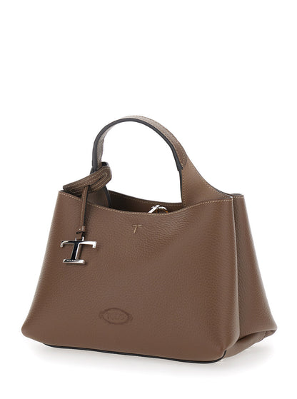 Tod's Women Brown Handbag With Embossed Logo And T Timeless Pendant In Grain Leather Woman