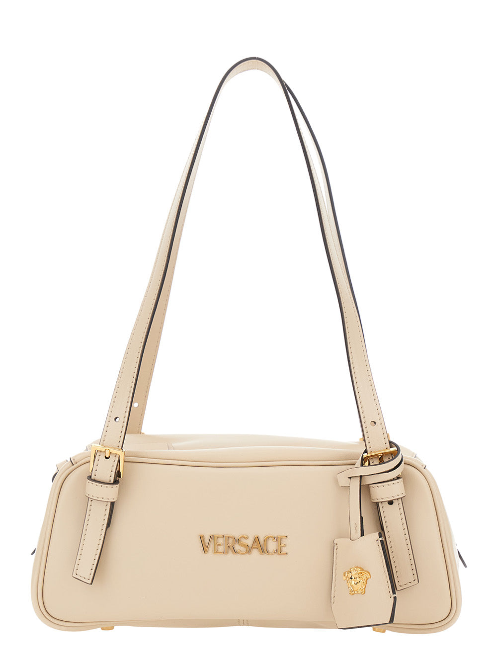 Versace Women 'Tag Bowling' White Shoulder Bag With Metallic Logo Lettering And Medusa Head Pendant In Leather Woman