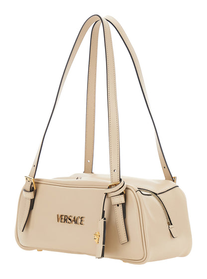 Versace Women 'Tag Bowling' White Shoulder Bag With Metallic Logo Lettering And Medusa Head Pendant In Leather Woman