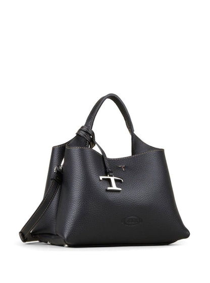 Tod's Women Micro Black Handbag With Embossed Logo And T Timeless Pendant In Grain Leather Woman