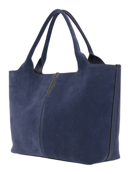 Tod's Women 'Ebr' Blue Tote Bag With Logo Plaque On The Front And Contrasting Stitching In Suede Woman