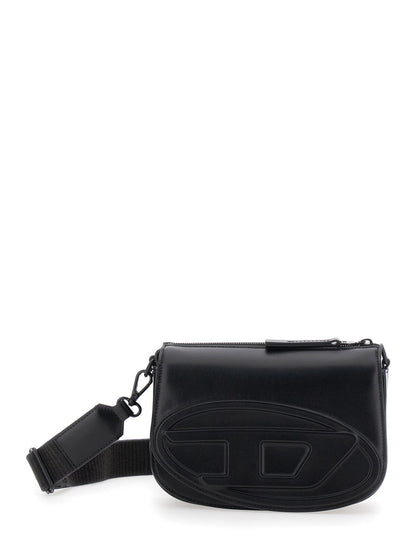 Diesel Men '1Dr' Black Crossbody Bag With Oval D Logo Embroidery On The Front In Leather Man