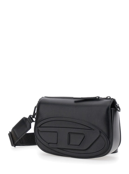 Diesel Men '1Dr' Black Crossbody Bag With Oval D Logo Embroidery On The Front In Leather Man