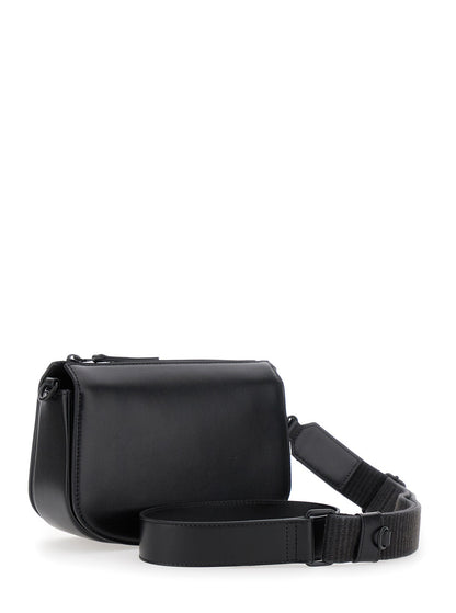 Diesel Men '1Dr' Black Crossbody Bag With Oval D Logo Embroidery On The Front In Leather Man