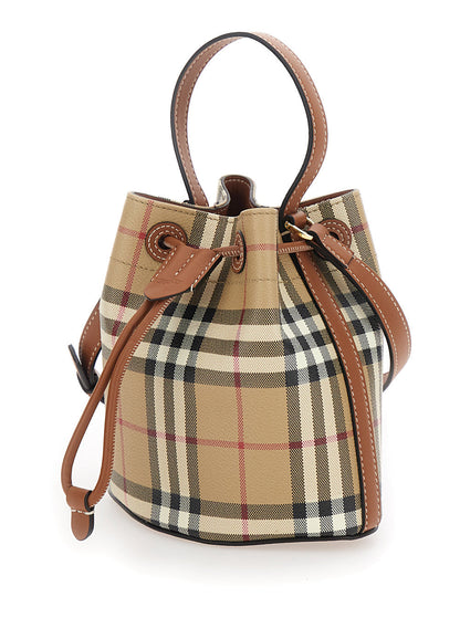 Burberry Women Beige Handbag With Drawstring Closure And All-Over Check Motif In Canvas Woman