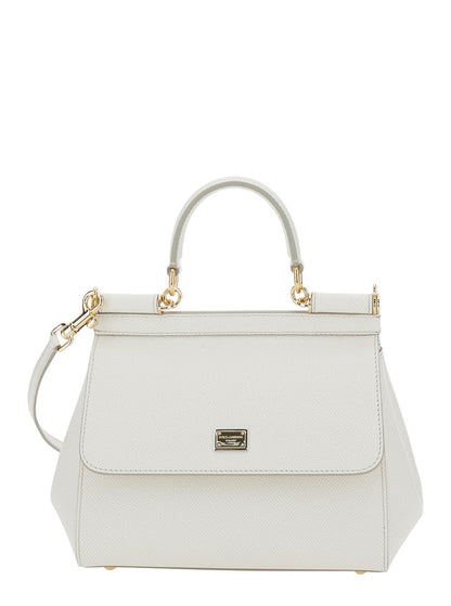 Dolce & Gabbana Women 'Sicily White Black Handbag With Adjustable And Removable Shoulder Strap And Logo Plaque On The Front In Grained Leather Woman