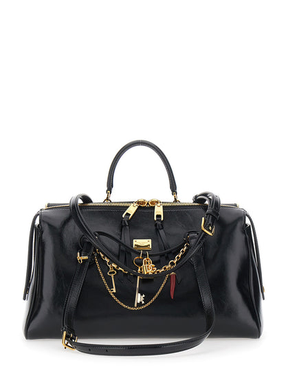 Dolce & Gabbana Women 'Vittoria' Black Shoulder Bag With Chain Detail And Charms On The Front In Leather Woman