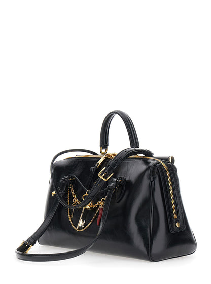 Dolce & Gabbana Women 'Vittoria' Black Shoulder Bag With Chain Detail And Charms On The Front In Leather Woman