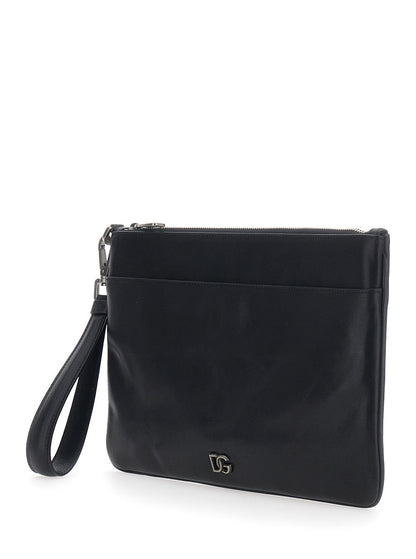 Dolce & Gabbana Men Black Clutch With Wrist Strap And Logo Plaque On The Front In Leather Man